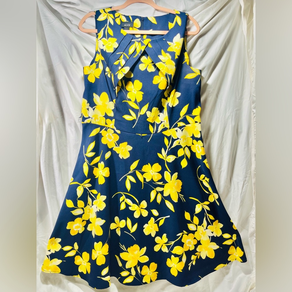 Navy Blue And Yellow Floral Sleeveless A-Line Dress